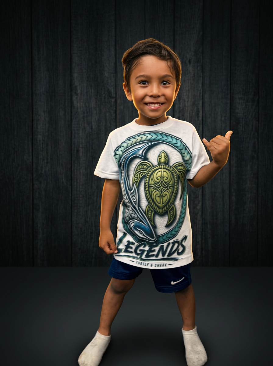 Young keiki wearing the IslandTAT Legends Tee Youth White — Turtle & Shark