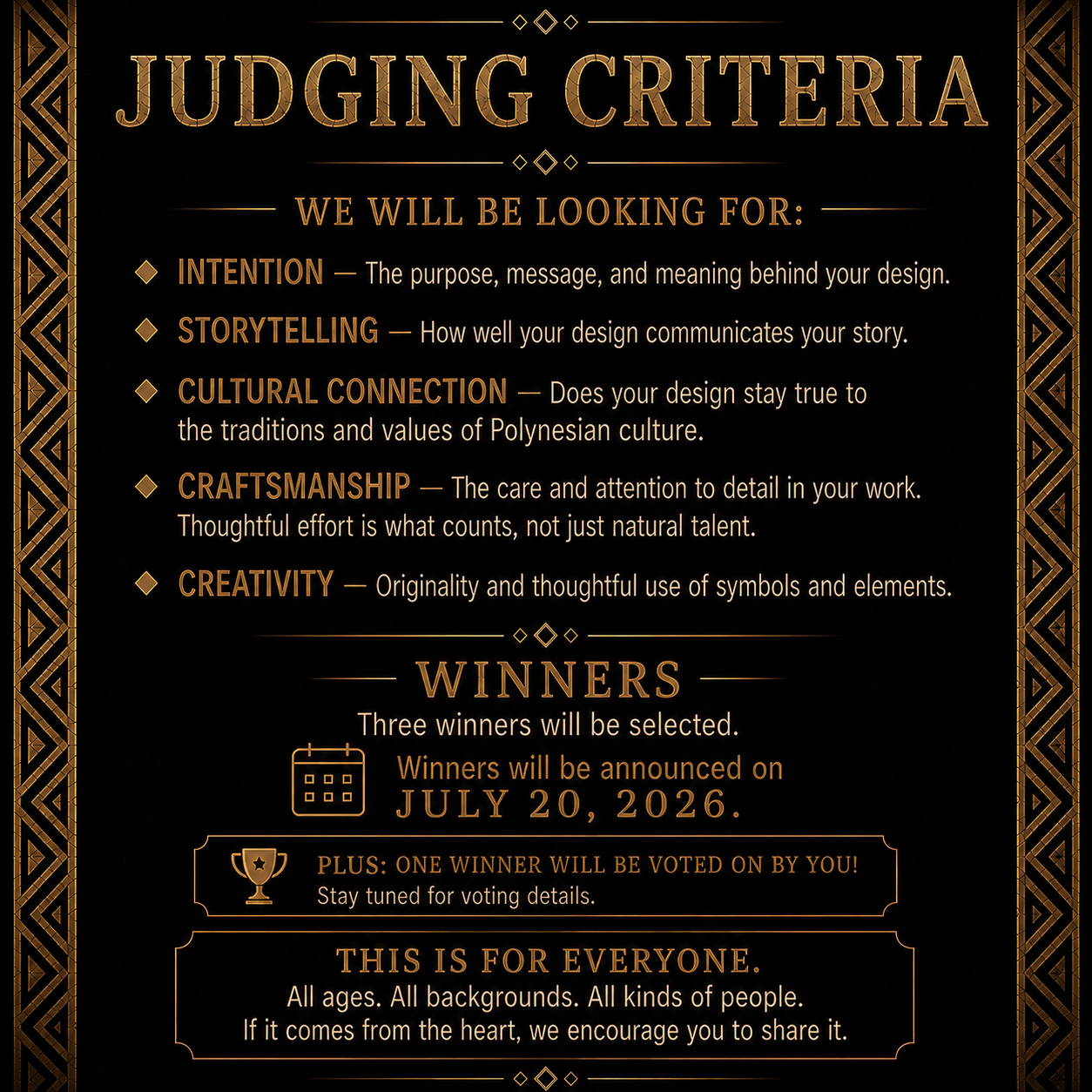 Drawing Contest Judging Criteria — intention, storytelling, cultural connection, craftsmanship, creativity. Winners announced July 20, 2026.