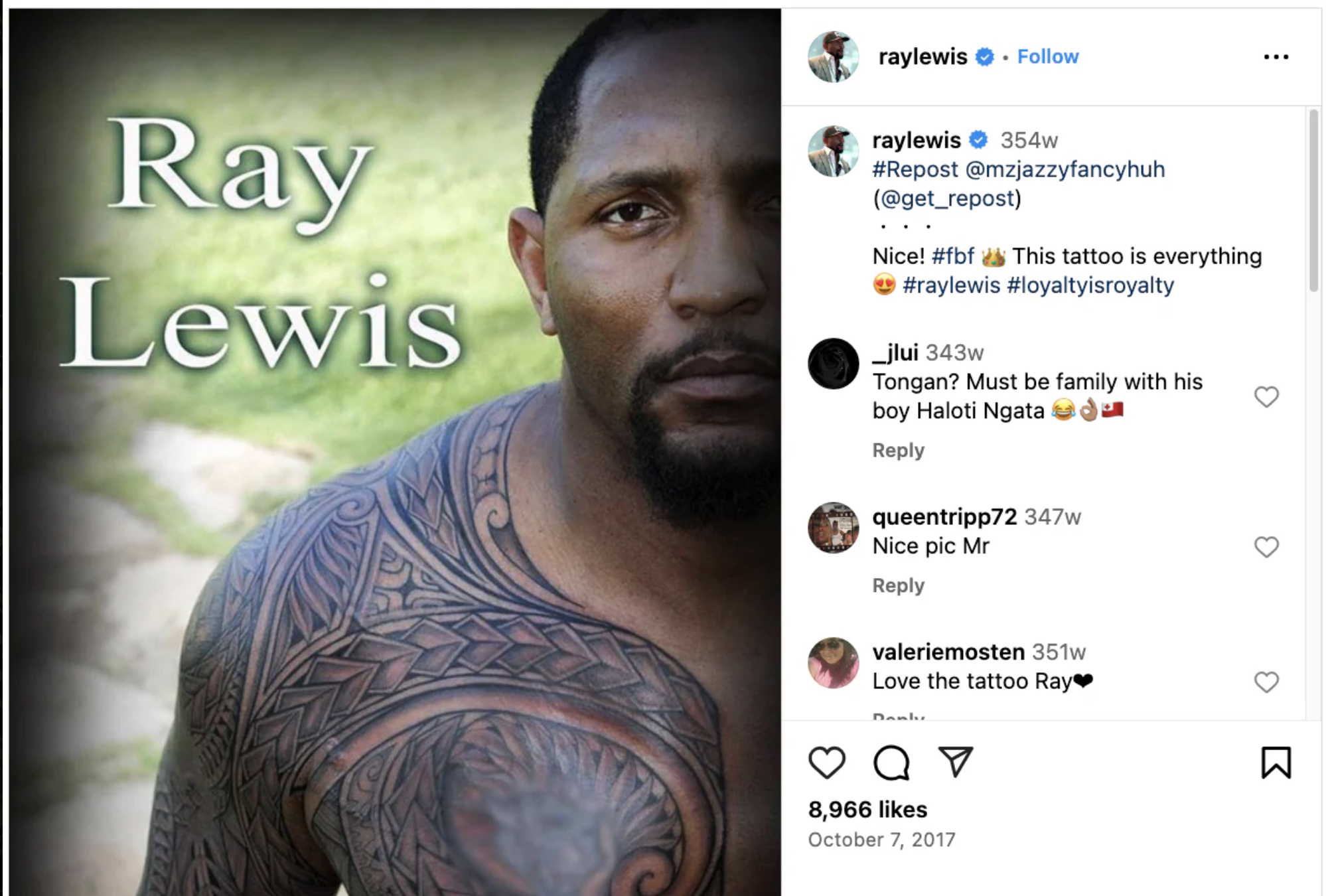 Ray Lewis Polynesian-style chest and sleeve tattoo — reference photo from his Instagram