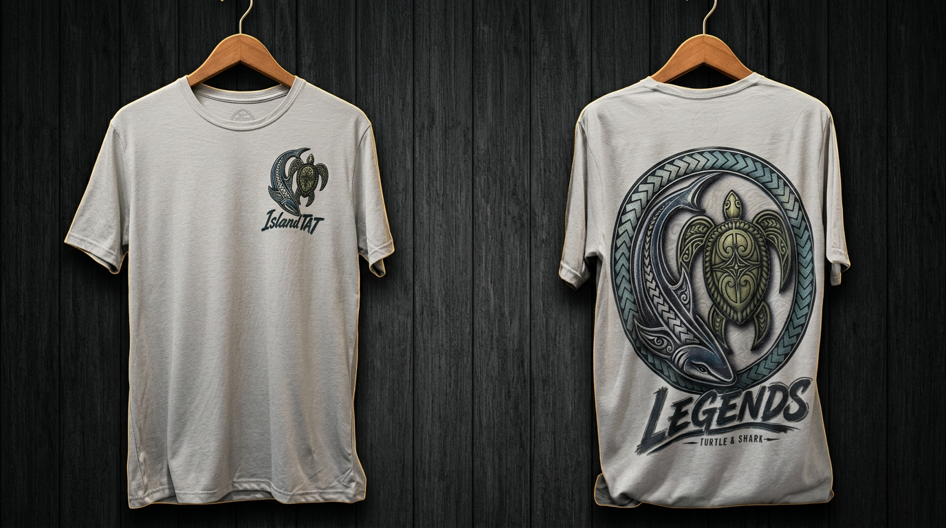 IslandTAT Legends Tee — Turtle & Shark. Front (IslandTAT chest logo) and back (full Legends crest) of the light gray adult tee on premium hangers