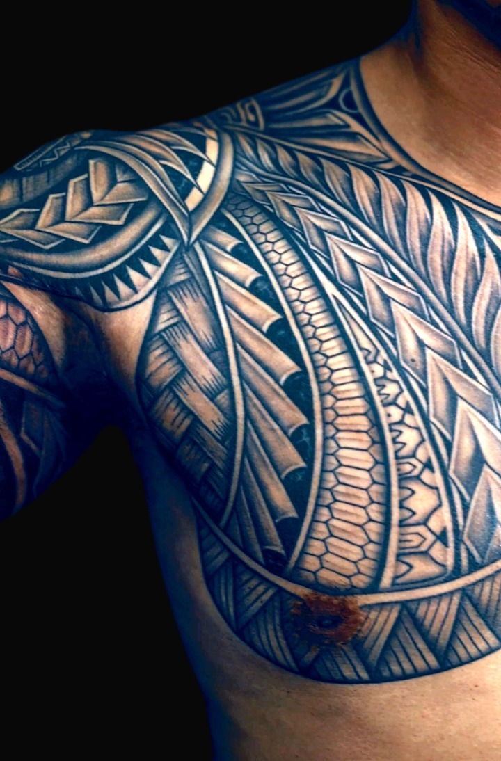 Polynesian chest tattoo by Joshawa Elsas at IslandTAT