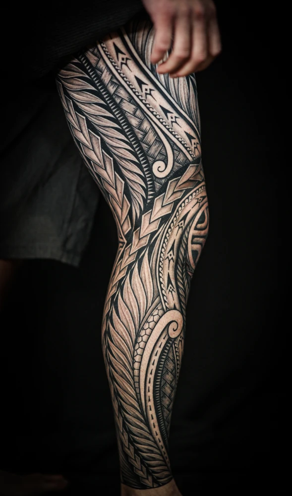 Polynesian leg composition tattoo by IslandTAT in San Diego