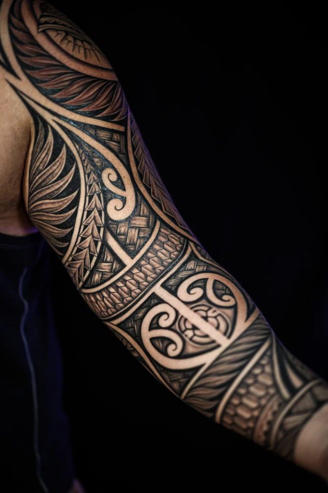 Full sleeve Polynesian tattoo by IslandTAT San Diego — authentic freehand tribal design